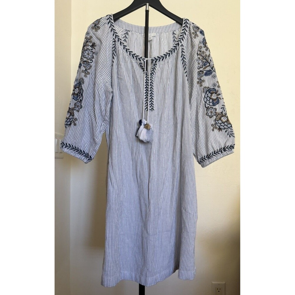 J. Jill Ocean Breeze Striped Embroidered Shift Dress Petite L Boho Peasant